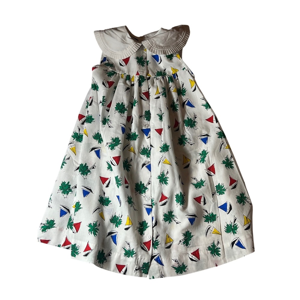 Just Ducky Vintage Girls Dress Size 6 White Seersucker Nautical Sailboat Palm - Picture 2 of 6